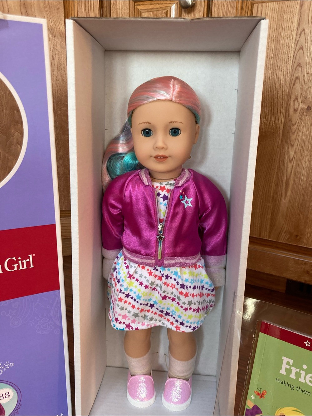 American Girl Doll with Pink Jacket and Teal-Pastel Hair